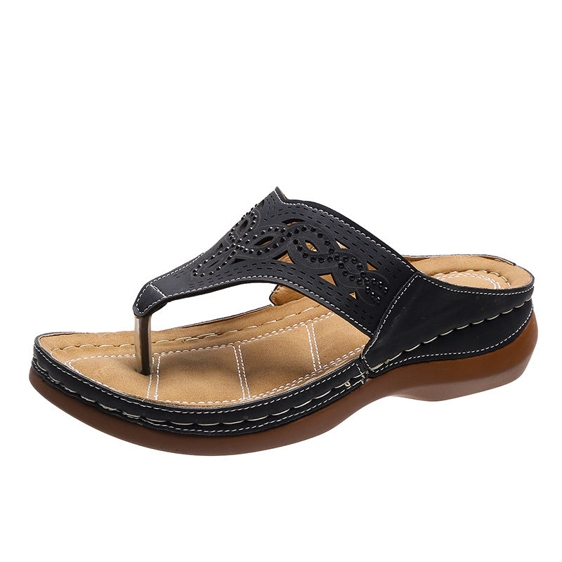 Hollow Rhinestone Muffin Bottom Thong Women Wear Beach Sandals And Slippers