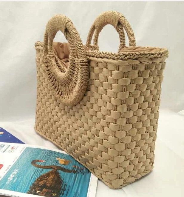 Wooden handle beach bag handbag